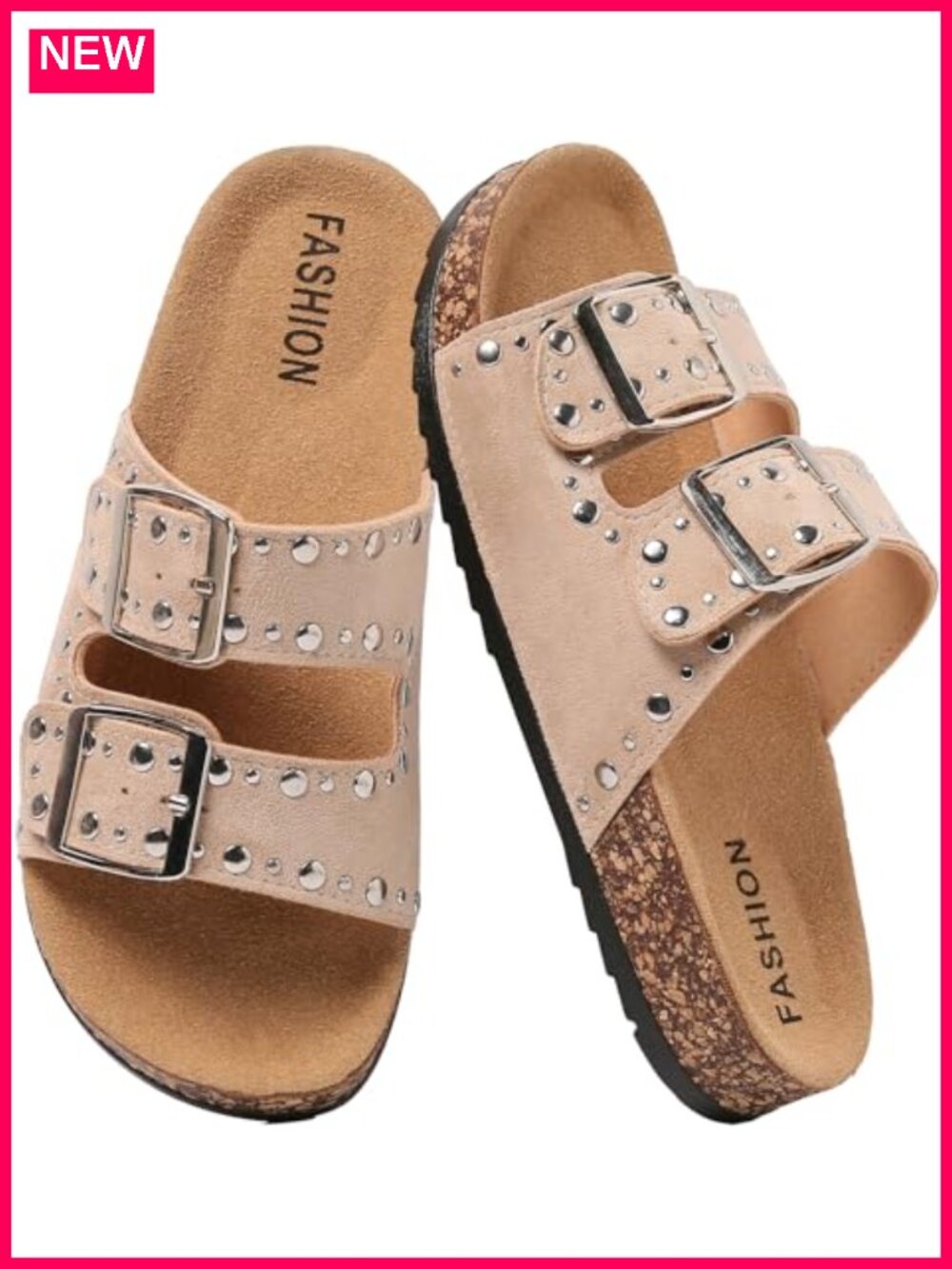 Women's Cork Footbed Studded Slide Sandals Adjustable Buckle